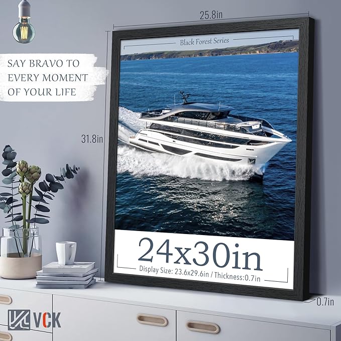 VCK 24x30 Poster Frame Set of 2 - Black, Textured Exclusive Solid Wood Picture Frames with Polished Plexiglass, Wall Hanging
