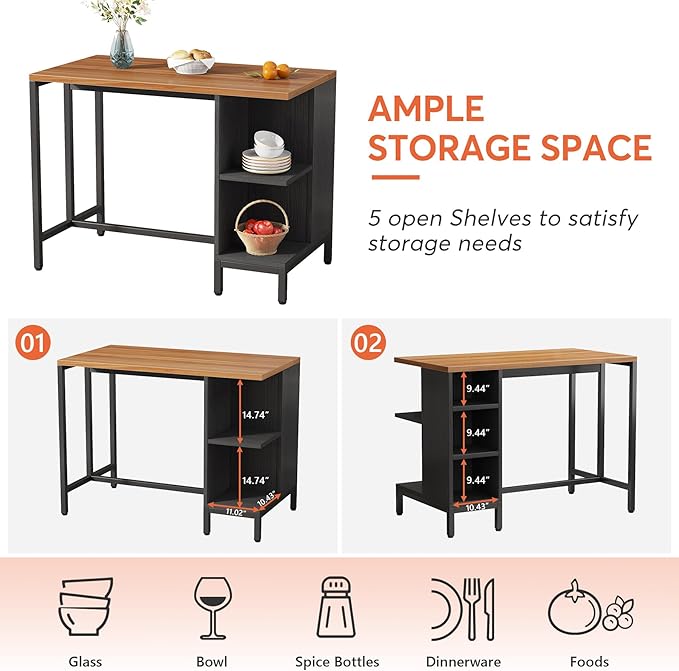 Tribesigns Kitchen Island, Kitchen Shelf Bar Table with 5 Open Storage Shelves and Large Worktop, Industrial Butcher Block Island (Stools Not Included)
