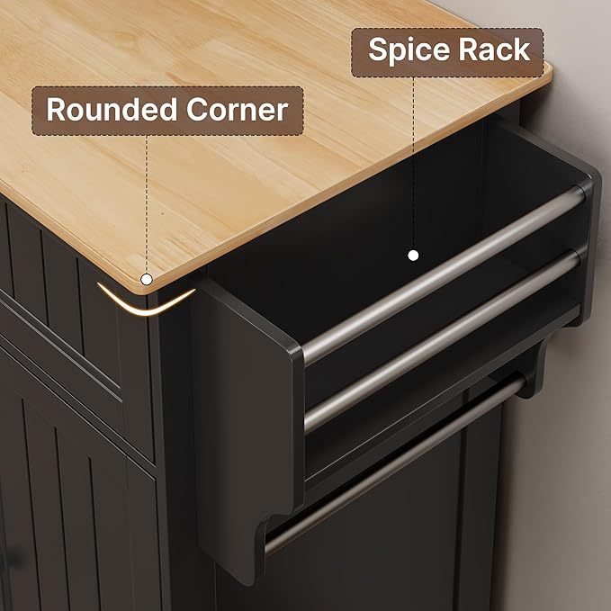 Gizoon Kitchen Island Cart with Rubberwood Top, 33" W Rolling Kitchen Island on Wheels with Adjustable Shelf, Drawer, Spice Rack, Towel Bar, Mobile Storage Cabinet for Dining Room, Home Bar, Black