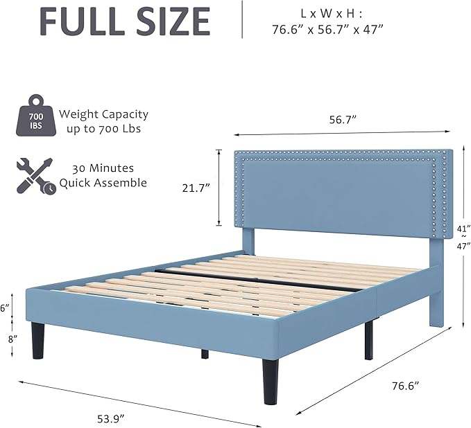 VECELO Full Size Bed Frame with Adjustable Upholstered Headboard, Wooden Slats Platform, Noise-Free Design, Easy Assembly