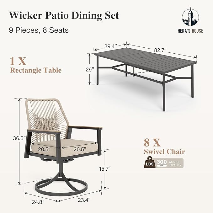 HERA'S HOUSE 9 Pieces Outdoor Dining Set, Patio Table and Chairs for 8, 8 x Cushioned Swivel Chairs and 1 x 83 Large Rectangle Dining Table, Outdoor Dining Table Set for Lawn Garden Porch