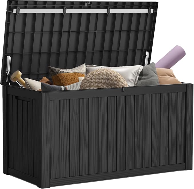 Mars Villa 150 Gallon Outdoor Storage Box Waterproof, Large Resin Deck Box for Outdoor Patio Furniture Cushions, Pool Supplies, Garden Tools, with Hydraulic Hinge, UV-Resistant and Weatherproof, Black
