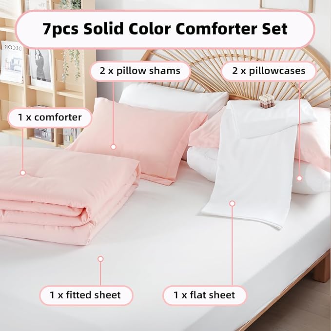 weigelia King Size Comforter Set 7 Pieces Blush Pink Comforter Set Soft Fluffy Bed in a Bag King Bedding Set with Sheets Pillow Shams and Pillowcases for All Season