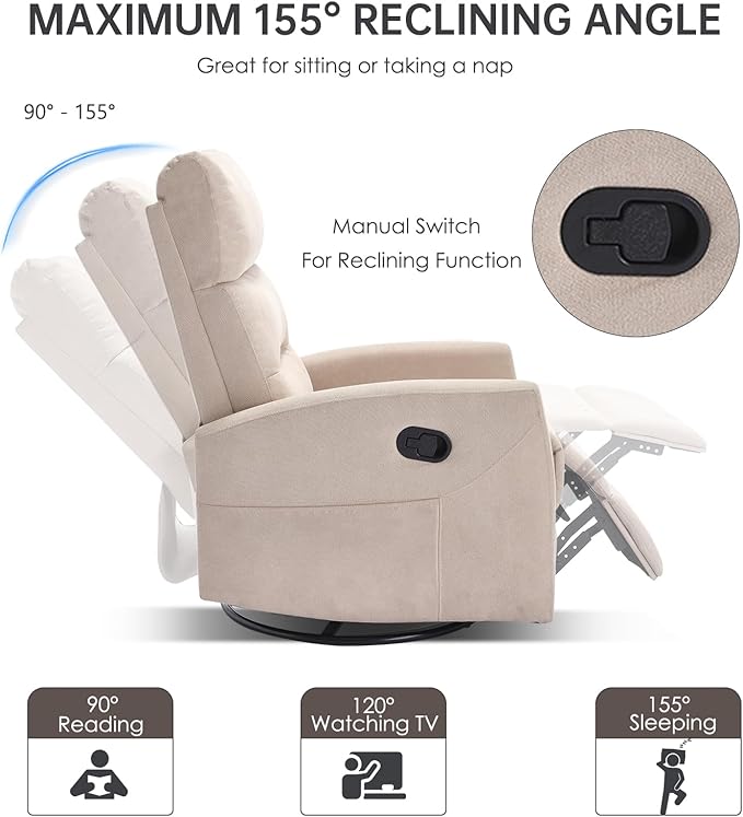 360° Swivel Recliner Chairs for Small Spaces, A Recliner with Side Pockets, Small Rocker Recliner for Living Room, Bedroom, Cream Recliner Chair for Adults