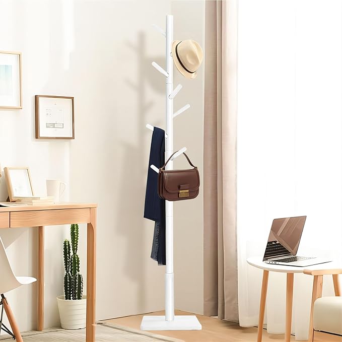 Coat Rack Freestanding with Stable Square Base for Cloathes, Hat, Used in Bedroom, Office and Entryway, Sturdy and Easy Assembly Coat Tree with 3 Adjustable Sizes and 8 Hooks, White