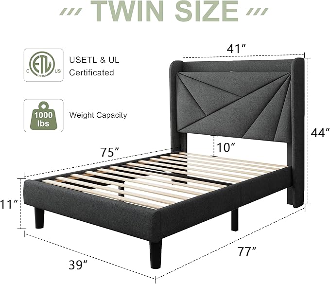 Feonase Twin Size Bed Frame with Charging Station, Upholstered Linen Platform Bed Frame with Wingback Headboard, Solid Wood Slats Support, No Box Spring Needed, Noise Free, Charcoal Grey
