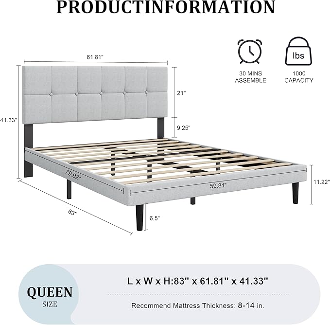 Queen Size Bed Frame, Queen Size Platform Bed Frame with Headboard, Fabric Upholstered Headboard, Sturdy Wood Slats, No Noiseless, No Springs Required, Easy to Assemble, Gray