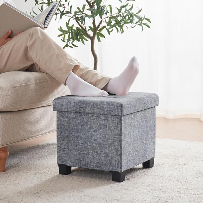 Ornavo Home 15 Inch Folding Storage Ottoman with Storage, Square Cube Linen Small Storage Ottoman Foot Rest Stool with Legs - Gray