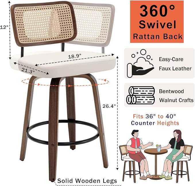 Swivel Counter Height Stools - 26 inch Counter Stools Set of 3 with Curved Rattan Back, Walnut Craftsmanship, Upholstered Seat, Counter Height Bar Stool for Island/Pub/Kitchen (26" Seat Height, Beige)