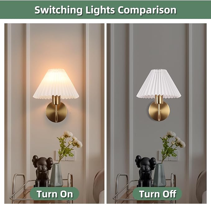 Brushed Gold Wall Sconces Sets of 2, White Pleated Fabric lampshade, Indoor Gooseneck Wall Lamp Lighting, Bathroom Dresser Hardwired sconces wall decor Fixture for Living Room Bedroom Dining Room