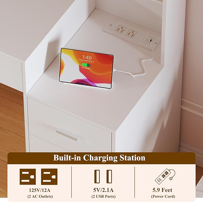 Large Vanity Desk with Mirror & Lights, White Makeup Vanity with 8 Drawers & 6 Storage Shelves, Vanity Set with LED Lights and Power Outlet, 3 Lighting Modes, Adjustable Brightness