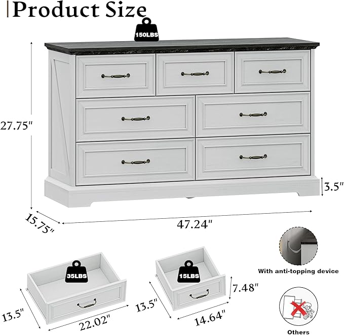 Farmhouse 7 Drawers Dresser for Bedroom, 48" Wide Modern Chest of Drawers with Deep Drawers & Bar Handles, Rustic Wood Dresser TV Stand, Wooden Closet Storage Organizer for Living Room, Hallway, White