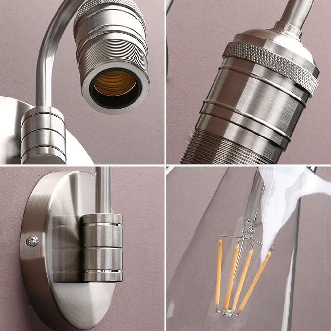 Yosoan 1-Light Brass Modern Vintage Indoor Wall Sconce, Vanity Single Luxury Hardwired Retro Textured Clear Funnel Flared Glass Shade with Industrial Gooseneck Curved Rod Bathroom Lamp(Brushed)