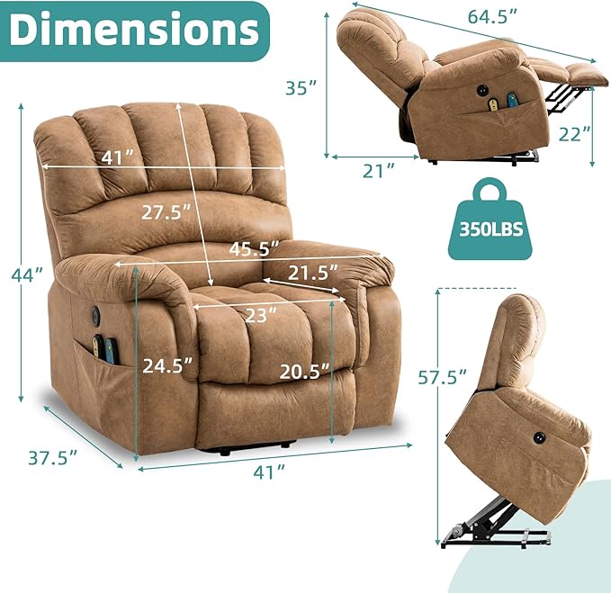 MEETWARM Large Power Lift Electric Recliner Chair, Overstuffed Wide Recliner with Massage and Heat for Elderly Big People, Heavy Duty Recliners with 2 Side Pockets, USB Ports, 2 Remote Controls(Sand)