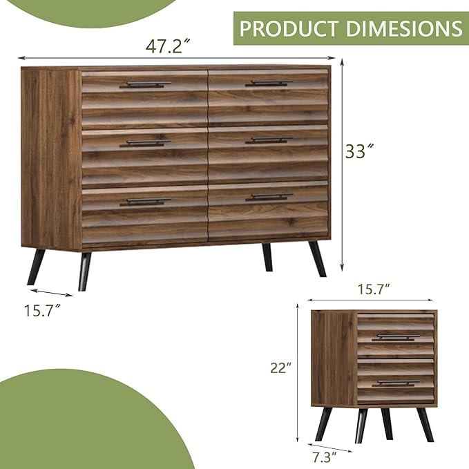 Farmhouse Bedroom Set, 3 Pieces Bedroom Furniture Set, Fluted 6 Drawer Dresser and Nightstands, Chest of Drawers Wide Storage Organizer Cabinet for Bedroom