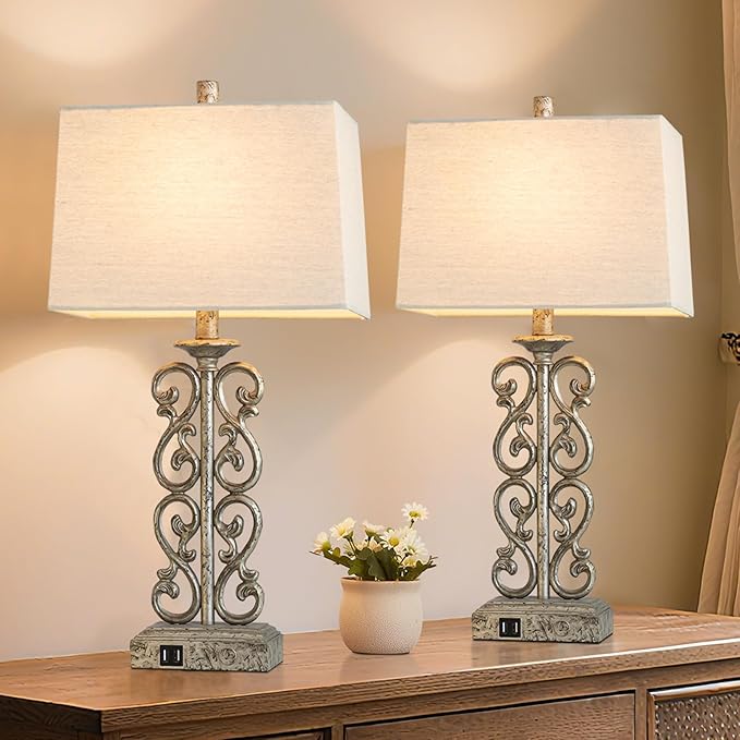 25" Set of 2 Farmhouse Touch Resin Table Lamps with 2 USB Ports, 3-Way Dimmable Rustic Vintage Nightstand Industrial Table Lamp for Bedroom Living Room Dorm, 2 Bulbs Included