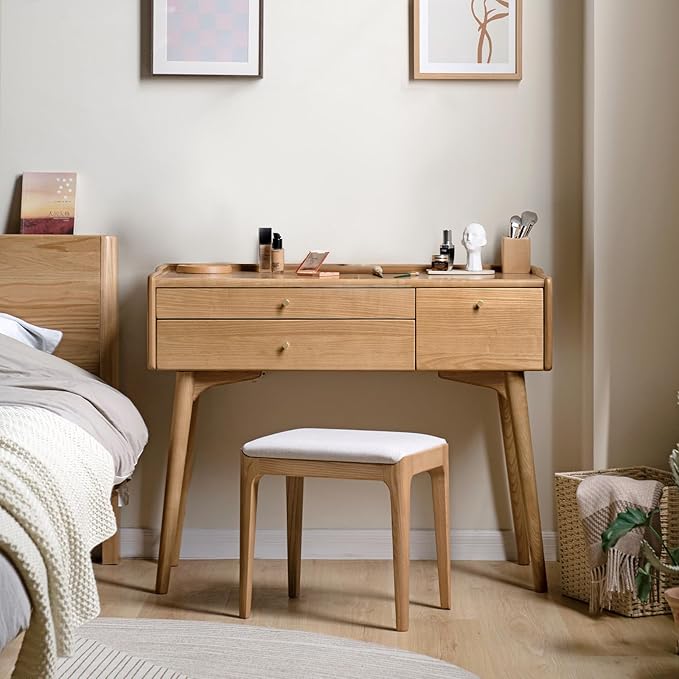 Small Vanity Desk with Mirror, Solid Wood Dressing Table with Drawer Divider, Study Desk and Vanity Table for Bedroom, 24" D x 18" W x 32" H