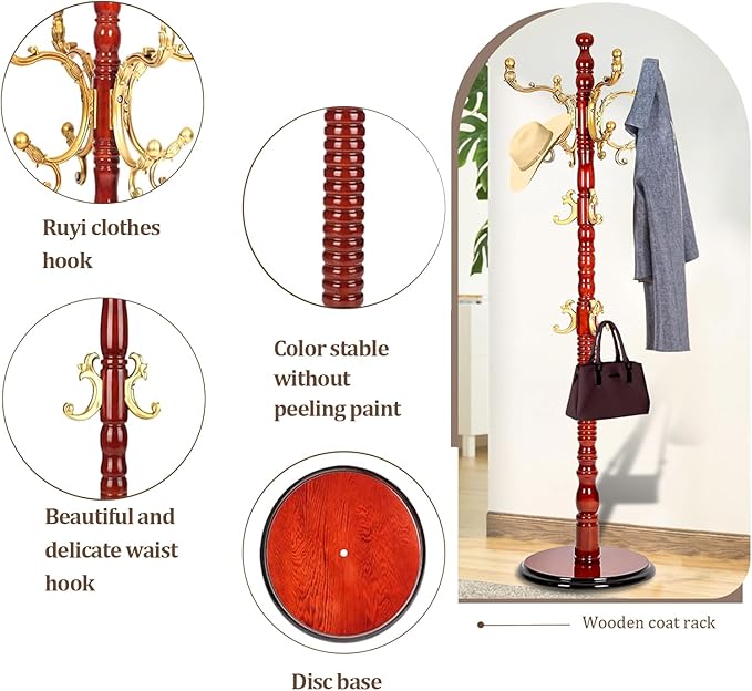 73”Vintage Wooden Coat Rack Freestanding With 14 Hooks and Sturdy Round Base。3-level Adjustable Vintage Wooden Coat Rack.Coat Rack Stand for Living Room Bedroom Office