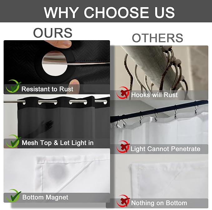 No Hook Shower Curtain with Snap in Fabric Liner Set, Black Chevron Shower Curtain for Bathroom, Washable and Water Repellent, See Through Mesh Top Window, 71x74 Inches