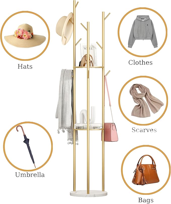 Gold Coat Rack Stand, Metal Coat Racks Tree Hanger Freestanding with 3 Storage Shelves and 9 High-grade Hooks and Stable Marble Base, for Jackets、Hat、Umbrella