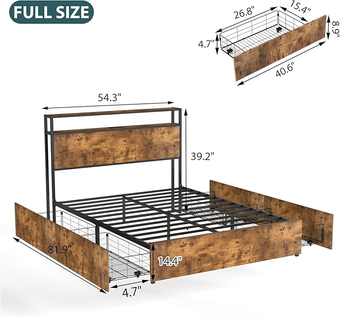 LED Full Size Bed Frame with Storage Wooden Headboard, Metal Platform Bed Frame Full Size with 4 Storage Drawers, Adjustable LED Lights, Charging Station, Noise Free, Easy Assembly, Brown