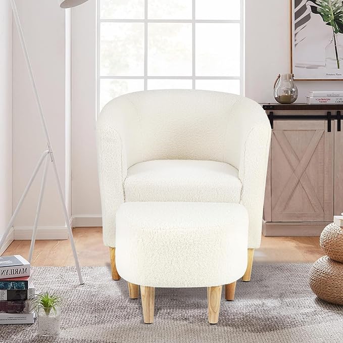 DAZONE Sherpa Accent Chair with Ottoman, White Fluffy Teddy Barrel Armchair for Cozy Living Room, Small Comfy Chairs for Bedroom, Reading Corner
