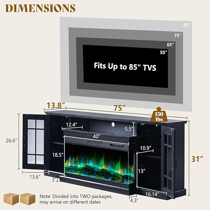 AMERLIFE 75in 3-Sided Glass Fireplace TV Stand with LED Lights for TVs up to 85", Rustic Fireplace Media Entertainment Center Console Cabinet Table with Glass Door Closed Storage, Black