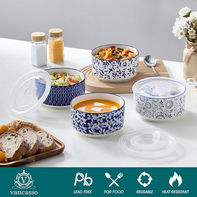 vancasso 36 Oz Mixing Bowls with Lids Set of 4,Ceramic Serving Bowls,Porcelain Bowls with Lids for Food Storage, Mixing Bowls for Kitchen, Microwave & Dishwasher Safe,Series SELENE (4PCS)