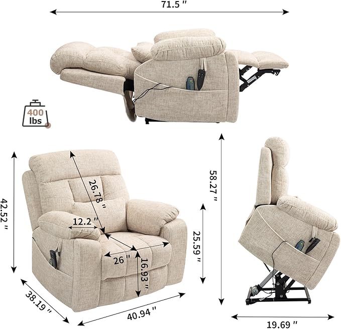 Large Power Lift Recliner Chair with Massage and Heat for Elderly, 26in Extra Wide Recliner Chair with Cup Holder Support Big and Tall People, 400lbs Capacity Adults (Cream Chenille)