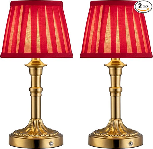KDG Cordless Portables Table Lamp Set of 2, LED Fabric Shade Small Desk Lamps, 5000mAh Battery Powered Lighting, 2700K Stepless Dimmable Light for Living Room, Dining Room, Bedroom (Bronze+Red)