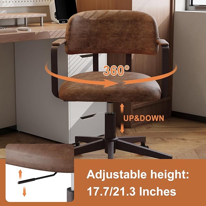 Home Office Desk Chair, Mid-Century Style Desk Chair with Padded Arms, Adjustable Seat Height, Mid Back 360° Small Computer Chair with Mobile Mute Wheel, PU Leather (Brown)