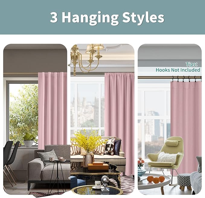 BGment Pink Full Blackout Curtains with Thermal Insulation Liner Curtains 108 Inches Long, Rod Pocket and Back Tab Double Layer Room Darkening Window Curtain for Bedroom(52 x 108 Inch, 2 Panels, Pink)