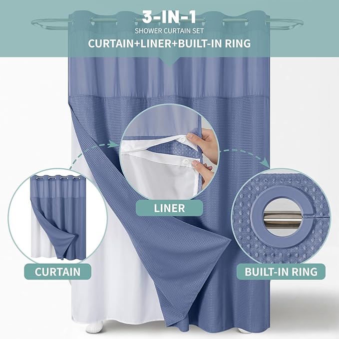 MoonLightBlue No Hook Waffle Weave Shower Curtain with snap-in Liner Replacement, 230GSM Waterproof Fabric Hotel Shower Curtain Set for Bathroom, Through Mesh Top Window,71Wx74H