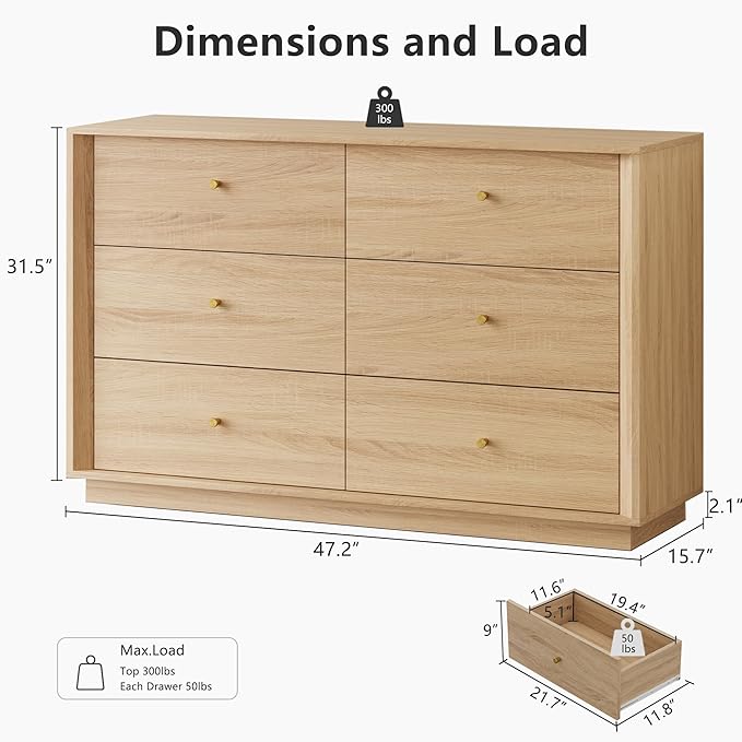 Mid Century Modern Dresser, 6 Drawer Dresser with Storage, 47" Wide Chest of Drawers with Wood Grain Texture, Drawers Organizer for Bedroom, Living Room, Hallway, Oak