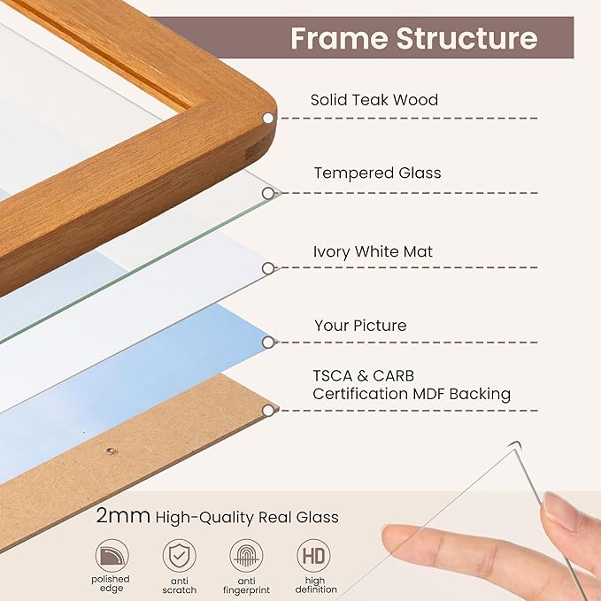 8.5 by 11 Picture Frame - Solid Teak Wood 8.5x11 Fram, 8 1/2 x 11 Diploma Frame With Mat For 6x8, Tabletop and Wall Display, Hanging Hardware Included, Certificate Document Frame, Natural Teak