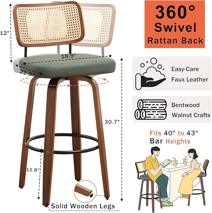 Bar Stools Set of 3 - 30 inch Rattan Swivel Bar Stools with Walnut Craftsmanship, Curved Rattan Back, Upholstered Seat, Mid Century Modern BarStools for Bar/ Pub/Island/Cafe (30" Seat Height, Green)