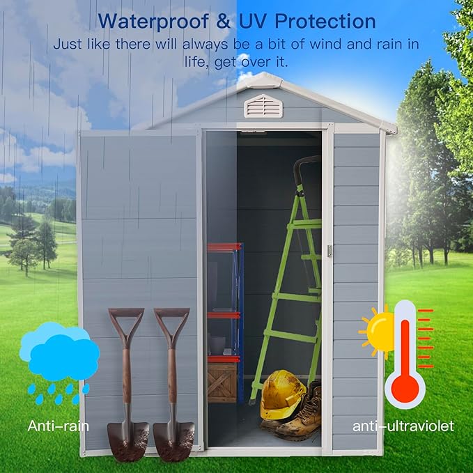 4' x 6' Resin Storage Shed Outdoor, PP Material & Strong Structure for All Weather, Plastic Garden Shed w/Window for Garden, Backyard, Poolside and Lawn, 15mm Thick PP Board - Light Grey