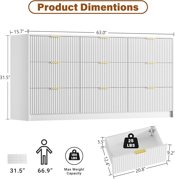 White Dresser for Bedroom, Modern 9 Drawer Dresser with Smooth Slides and Gold Handles, Wide Bedroom Chest for Living Room, Closet, 63" W x 15.7" D x 31.5" H