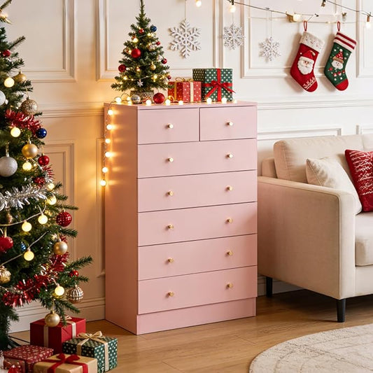 Karl home Pink 7 Drawer Dresser for Bedroom, Tall Dresser Chest of Drawers, Wood Pink Bedroom Dressers for Girls, Anti-Tipping Device, Rose Gold Metal Handle, Living Room, Entryway, Hallway, Office