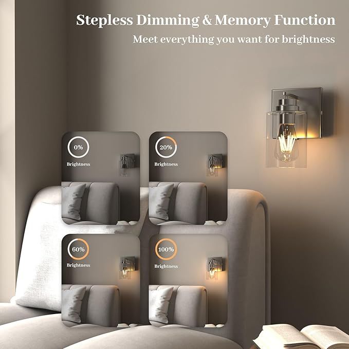 Battery Operated Wall Light with Remote Control, Dimmable Wall Sconce Set of 2 No Wiring, Rechargeable Wireless Wall Lamp for Living Room Bedside Hallway Lounge Mirror, Nickel