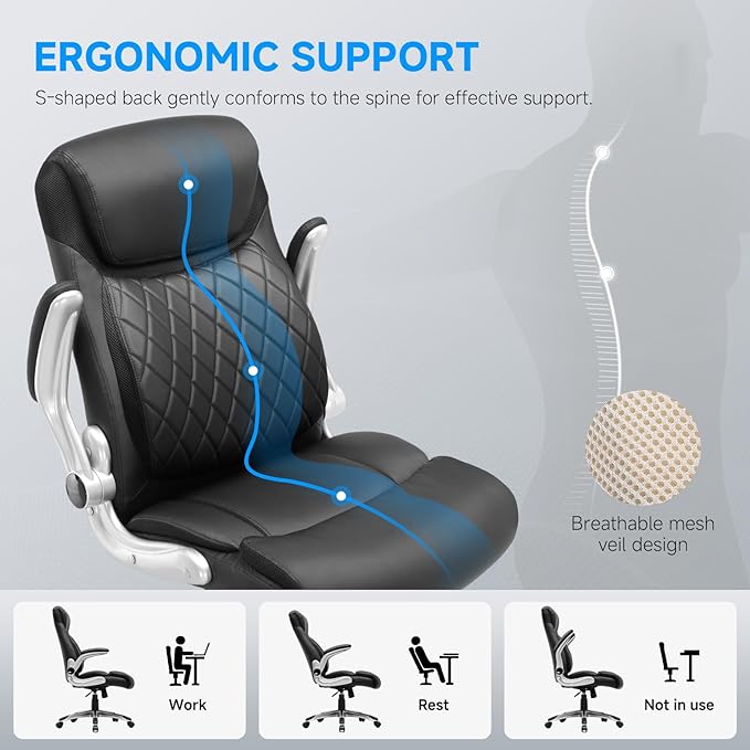 GTRACING Big and Tall High Back Office Chair 400LBS Wide Leather Executive Chair Height Adjustable Lumbar Support & Armrests, Comfy Desk Gaming Chairs Computer Swivel Chair, Black