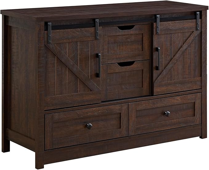 Farmhouse Dresser for Bedroom, 4 Drawers with Sliding Barn Door, 48" Wide 4 Chest of Drawers, Storage Organizer Dresser for Bedroom, Hallway, Living Room, Kids Room, Espresso