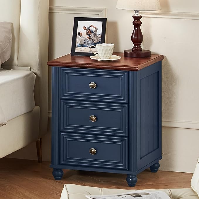 18" Farmhouse Night Stand Set of 2, Blue Wood Nightstand with 3 Drawers, Bedside End Table with Storage and Roman Column, Bed Side Tables Cabinet for Bedroom, Living Room, and Closet