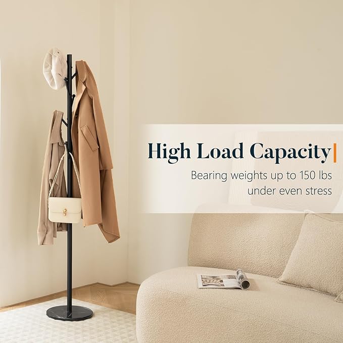 Yoobure Coat Rack Freestanding with Natural Marble Base - Coat Tree with 8 Hooks Heavy Duty Coat Hanger Stand, Metal Coat Rack Stand for Jacket, Hat, Clothes & Bag, Hall Tree Hat Rack for Entryway