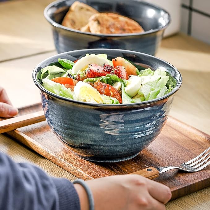 HASENSE Soup Bowls for Kitchen, 40 Ounce Large Cereal Bowls, 7 Inch Ceramic Serving Bowls for Salad Pasta Soup Popcorn, Dishwasher & Microwave Safe, Set of 4(Blue)