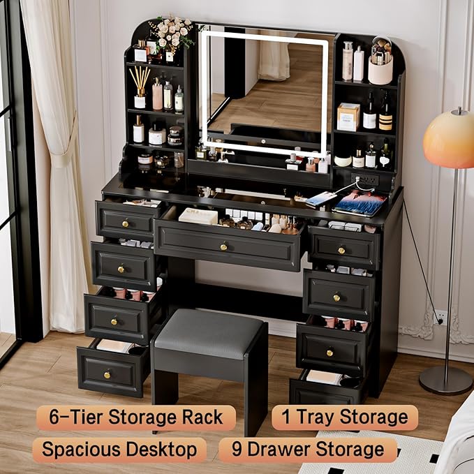 42" Makeup Vanity Desk with Mirror and Lights, & Power Outl, Glass Top Big Vanity Table with 9 Drawers& 8 Storage Shelves, Dressing Table Set with Chair for Bedroom, Black