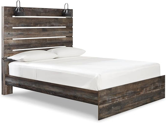 Signature Design by Ashley Drystan Rustic Queen Panel Bed, Sconce LED Lights, USB Ports and Nailheads, Foundation or Box Spring Needed, Dark Brown & Gray