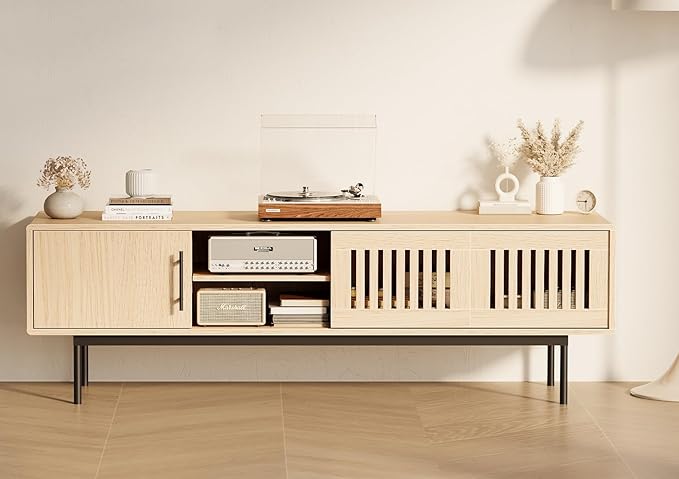 Claiks Mid Century Modern TV Stand for TV up to 70 inch, Entertainment Center with Sliding Barn Doors & Adjustable Shelve, Retro Low Profile Media Console TV Table for Living Room, Natural Oak