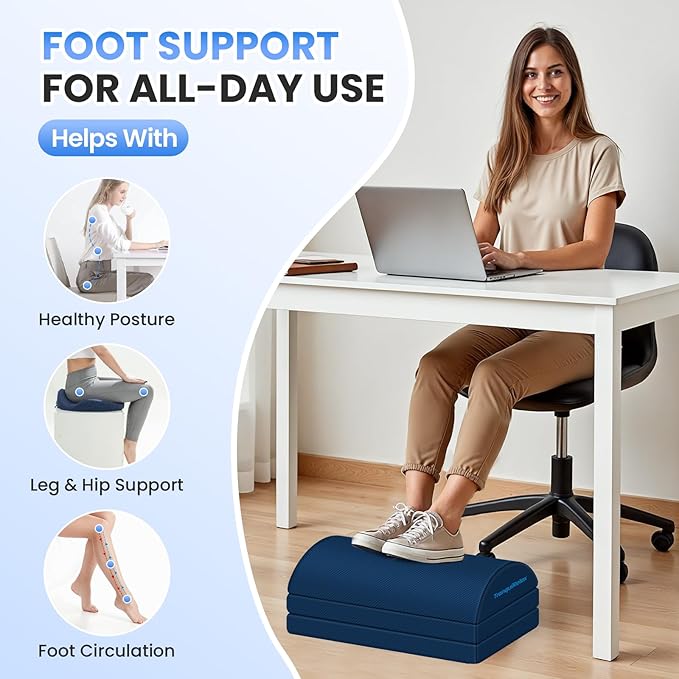 Foot Rest for Under Desk at Work, Gaming Accessories Foot Stool with 3 Adjustable Heights & Washable Cover, Comfortable Office Desk Accessories, Footrest for Office, Home and Car (Blue)