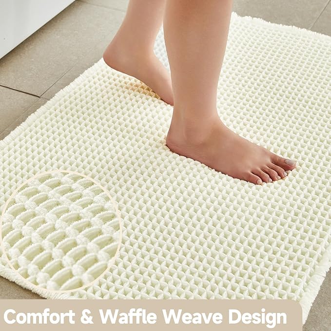 Cream White Long Bathroom Rugs, Waffle Runner Rug Bathroom Non Slip Washable Super Absorbent Quick Dry Boho Farmhouse Bath Mat, 60"x24" Cream White